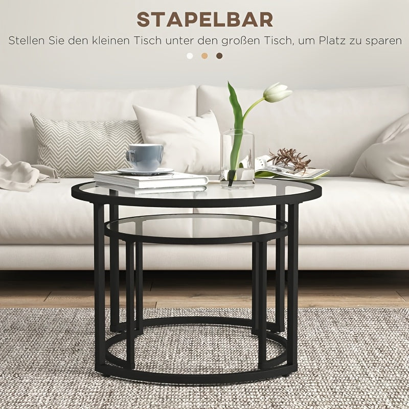 Set Of 2 Side Tables, Coffee Tables, Glass Tables, Stackable, Modern Sofa Table, Chest Of Drawers, Coffee Table for Living Room, for Small Spaces, Living Room, Bedroom, Living Room Table, Table Set, Living Room Furniture, Ind