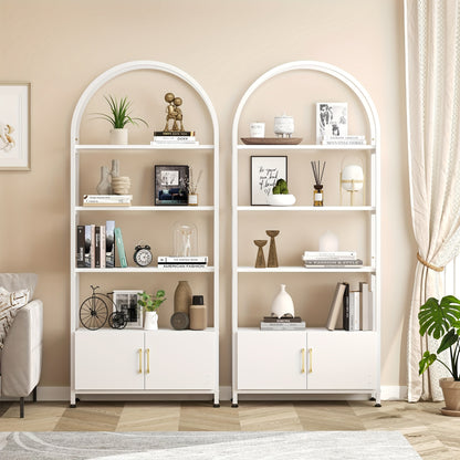 4-laagse Boekenplank – Boekenkast – Open Kast – Vakkenkast – Opbergkast – Wit – Industrieel Metalen Frame – 181,6 cm Hoog – Boogvormig Design Met Deuren