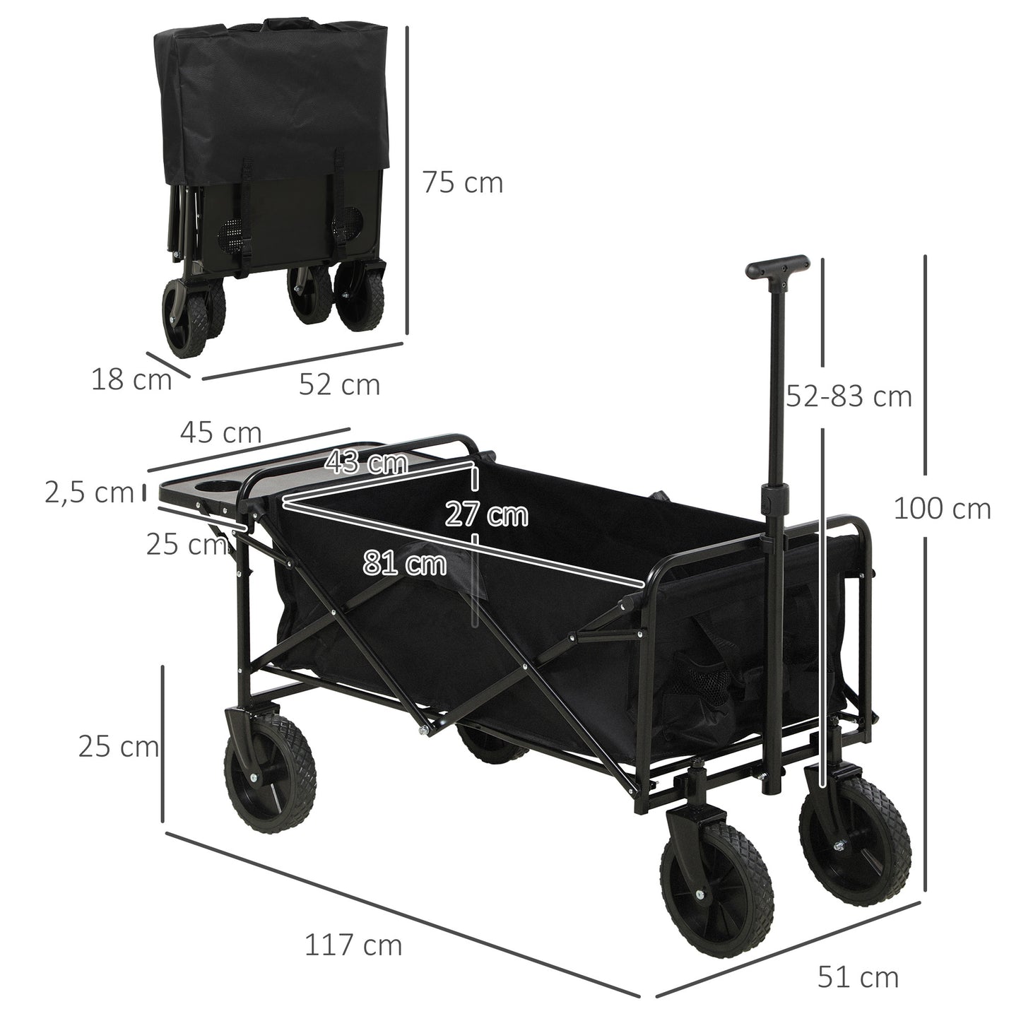 Strandkar – Bolderkar – Transportkar – Opvouwbare Bolderwagen – Trekkar – Verstelbare Telescoopgreep – Opvouwbare Tafelplaat – Polyester Stalen Frame – 117x51x100 cm – Zwart