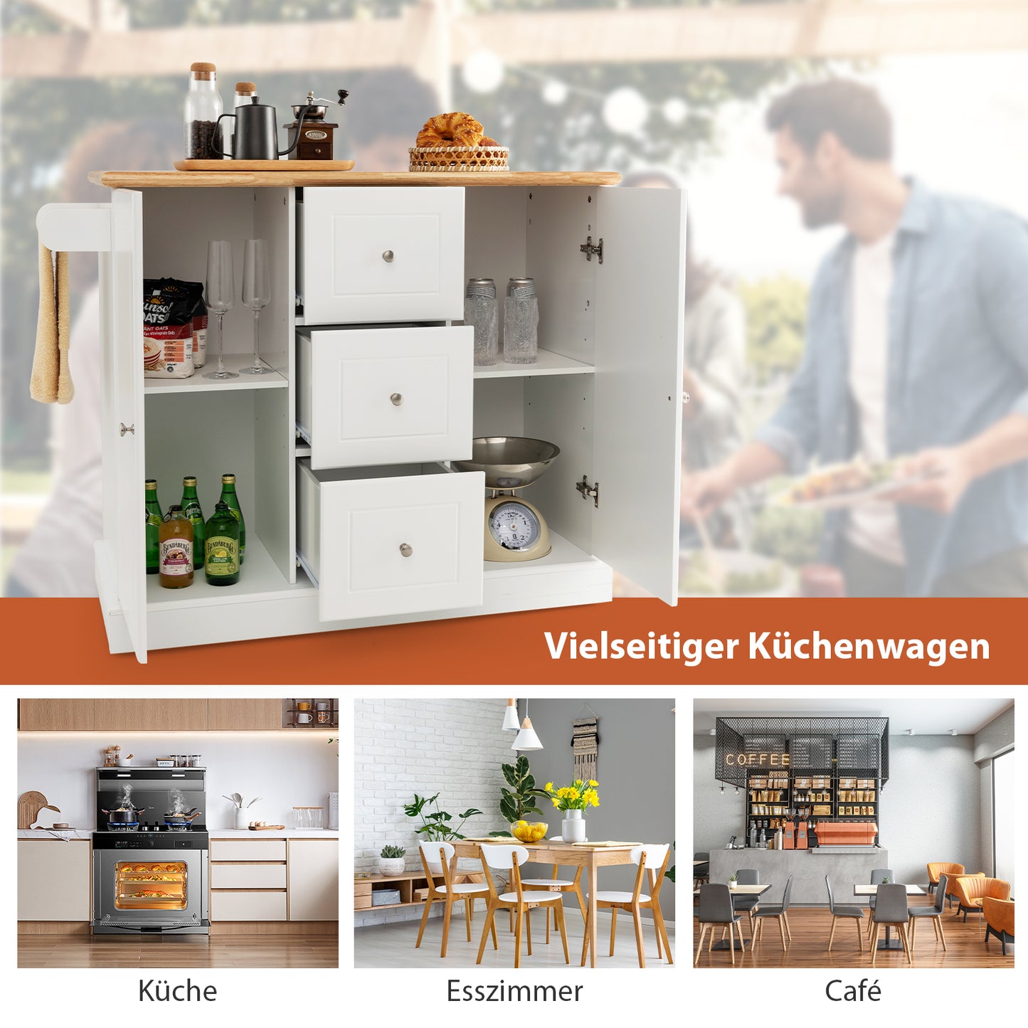 Mobiele Keukenwagen – Keukentrolley – Keukenkar – Keukenmeubel – Serveerwagen – 5 Verborgen Wieltjes – Rubbenhouten Werkblad 104x46 cm – Wit