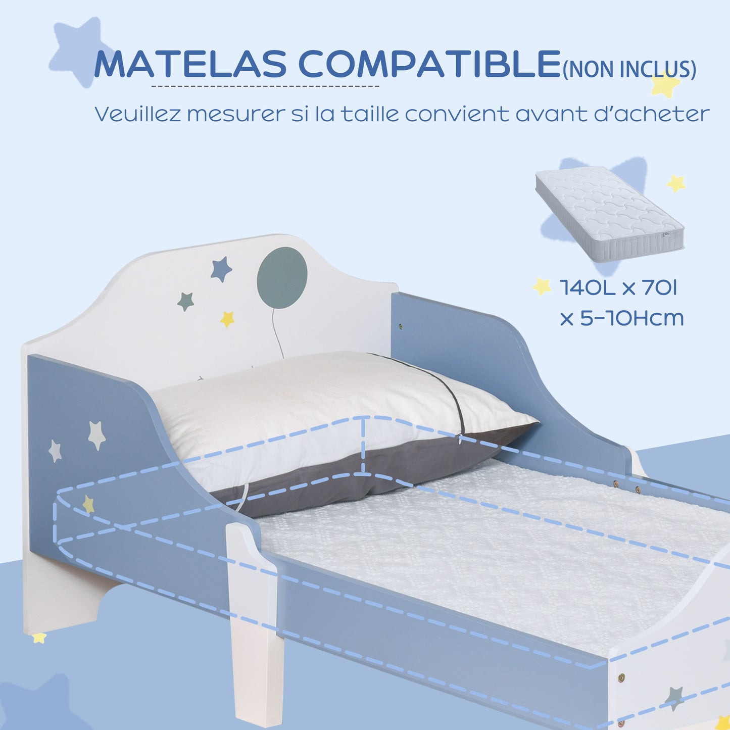 Kinderbed – Peuterbed – Vloerbed – Bed Voor Kinderen – Kinderbed Met Spijlenbodem – Laag Kindvriendelijk Bed – Sterrenprint Blauw Wit – 143x74 cm – Veilig En Duurzaam MDF
