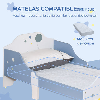 Kinderbed – Peuterbed – Vloerbed – Bed Voor Kinderen – Kinderbed Met Spijlenbodem – Laag Kindvriendelijk Bed – Sterrenprint Blauw Wit – 143x74 cm – Veilig En Duurzaam MDF