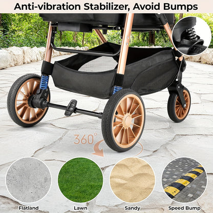 Hondenwagen – Hondenbuggy – Huisdierwagen – Dierenwagen – Kattenbuggy – Geschikt tot 25 kg – 4 Rubberwielen met Schokdempers – Inklapbaar – Lichtgewicht Carbonstaal Frame – Champagne Golden Black