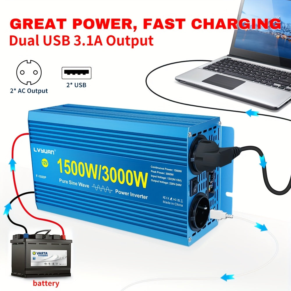 Omvormer – Spanningsomzetter – Inverter – DC naar AC Converter – Energieomzetter – 1500W Continu Vermogen – Zuivere Sinusgolf Met LED-Display