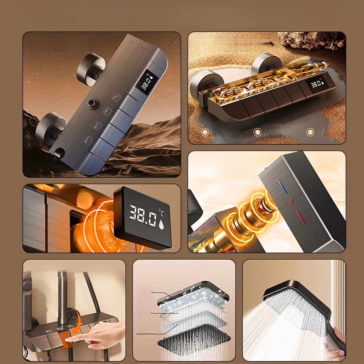 A Set of Brass Gun Gray Household Shower Head Kit. Intelligent Boosting System. Piano Button. LED Intelligent Thermostat. Four-Function Handheld Shower. Bathroom Shower Kit.