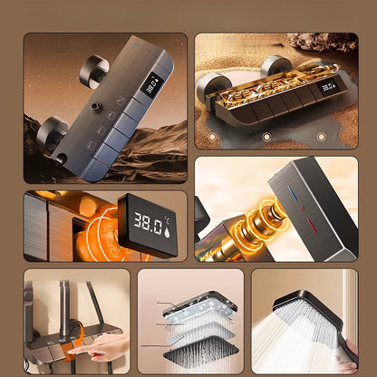 A Set of Brass Gun Gray Household Shower Head Kit. Intelligent Boosting System. Piano Button. LED Intelligent Thermostat. Four-Function Handheld Shower. Bathroom Shower Kit.