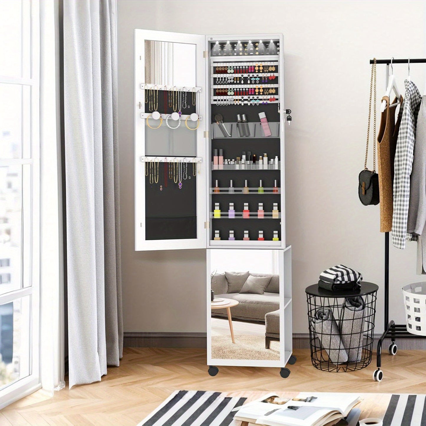 Sieradencabinet – Sieradenkastje – Spiegelkast – Organizer – Accessoirekast – Met Slot en Wieltjes – MDF Met Fluwelen Voering – Volledige Spiegel 36x40x170 cm – Mobiel en Veilig Opbergen