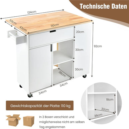Mobiele Keukenkar – Keukentrolley – Keukenwagen – Serveerwagen – Keukenblok – Uitschuifbaar Werkblad – Veel Opbergruimte – Wit