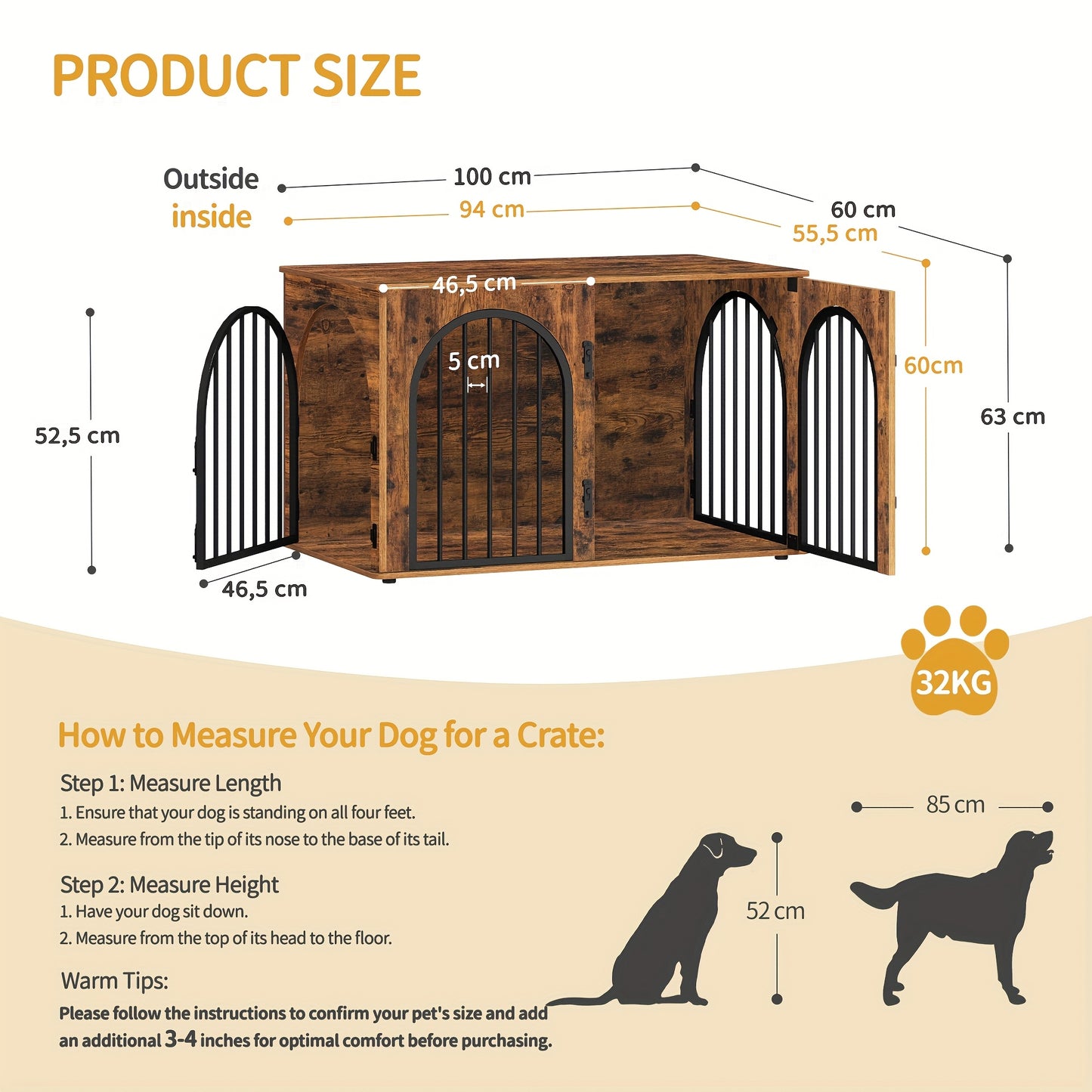 Dog Cage Furniture, 100cm Dog Box, 3 Doors, Arched Door, Modern Indoor Dog Box for Dogs Up to 100kg, Side Table, Dog Cage for Home