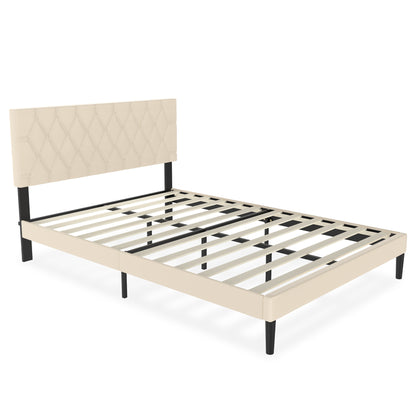 Upholstered Bed Frame Upholstered Bed with Headboard and Slatted Frame Bed Metal Platform Bed Frame Mattress Foundation, Leather, Beige/Black