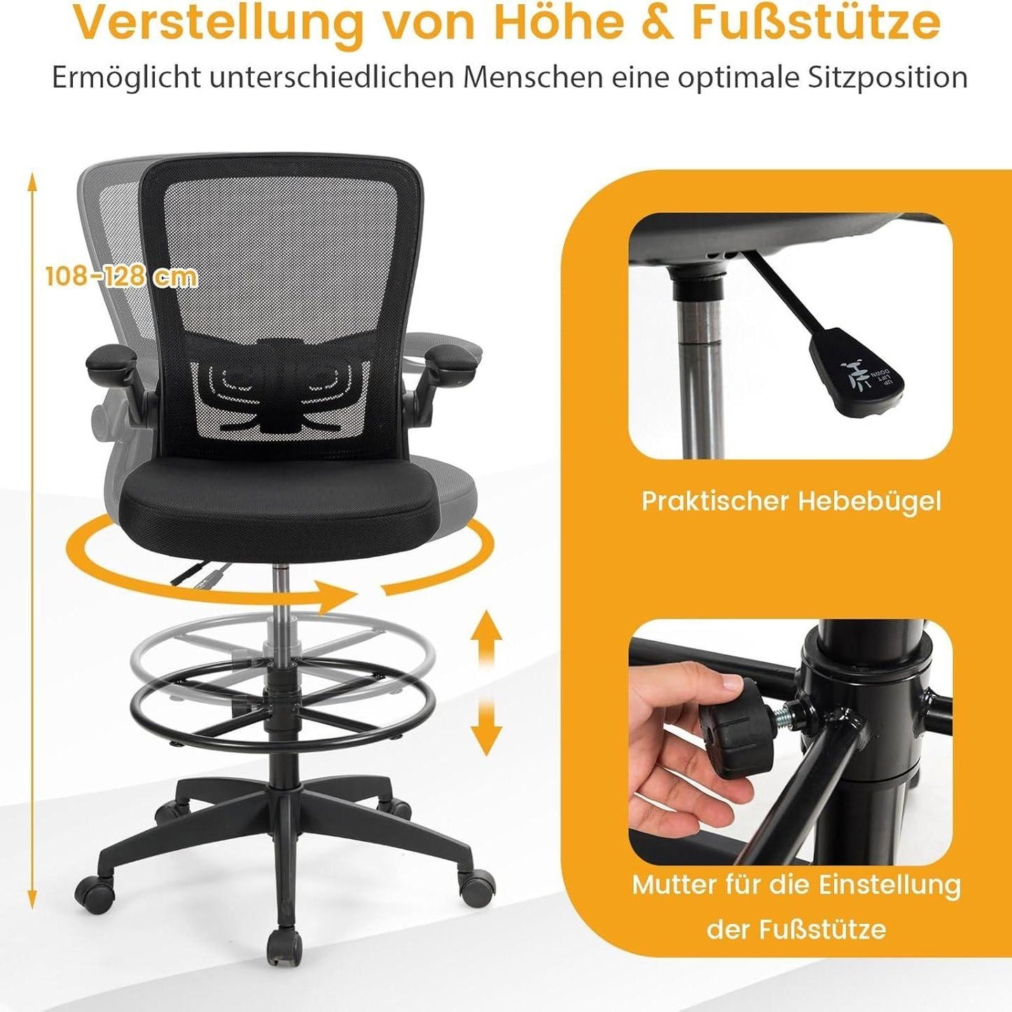 Bureaustoel – Kantoorstoel – Ergonomische Stoel – Draaistoel – Werkstoel – Verstelbare Hoogte 55-75 cm – Opklapbare Armleuningen en Voetensteun