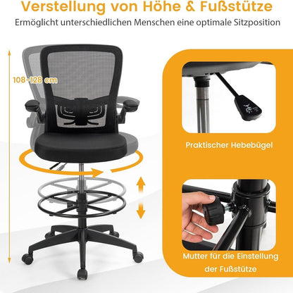 Bureaustoel – Kantoorstoel – Ergonomische Stoel – Draaistoel – Werkstoel – Verstelbare Hoogte 55-75 cm – Opklapbare Armleuningen en Voetensteun