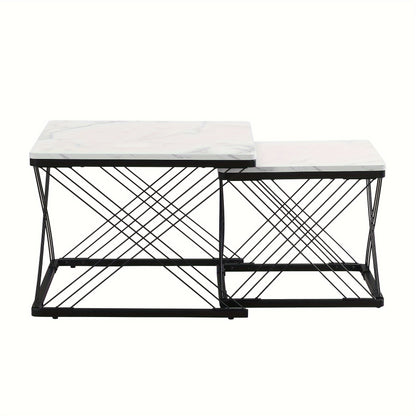 2pcs Modern Marble Coffee Table Set - Heavy-Duty Marble Look Square Tables with Height-Adjustable Legs & Assembly, Marble- Combination Table Suitable for, Office, Dorm - Space-Saving