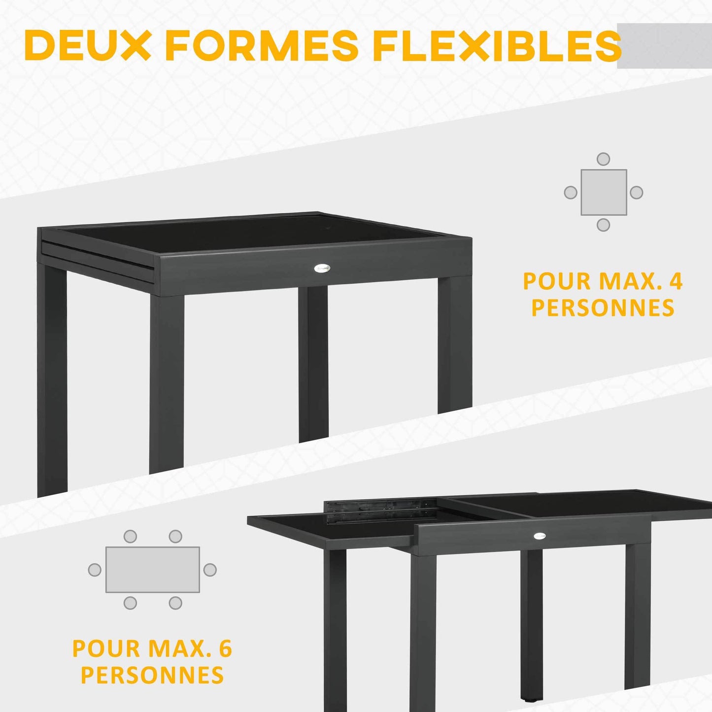 Uitbreidbare Tuin Tafel – Uitschuifbare Buiten Tafel – Terras Tafel – Eettafel – Verstelbare Tuinmeubel – Aluminium Metaal Epoxy Donkergrijs – Tempered Glass Zwart Blad – Groot Formaat 160x80x75 cm