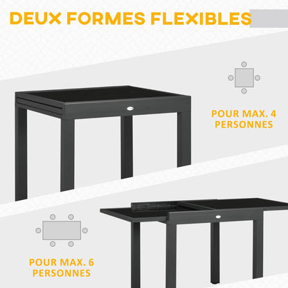 Uitbreidbare Tuin Tafel – Uitschuifbare Buiten Tafel – Terras Tafel – Eettafel – Verstelbare Tuinmeubel – Aluminium Metaal Epoxy Donkergrijs – Tempered Glass Zwart Blad – Groot Formaat 160x80x75 cm