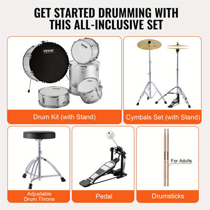Drumstel – Drums – Schlagwerk – Percussie – Drum Kit – 5-Delig Compleet – Verstelbare Kruk – 55,88 cm Basdrum – Zilverkleurig