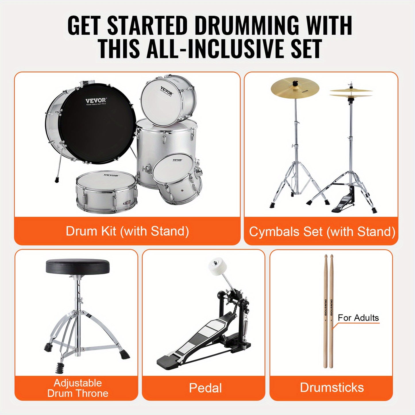 Drumstel – Drumkit – Drums – Percussieset – Slagwerk – 5-delig Compleet – 55,88 cm Bass Drum – Verstelbare Kruk – Zilverkleurig