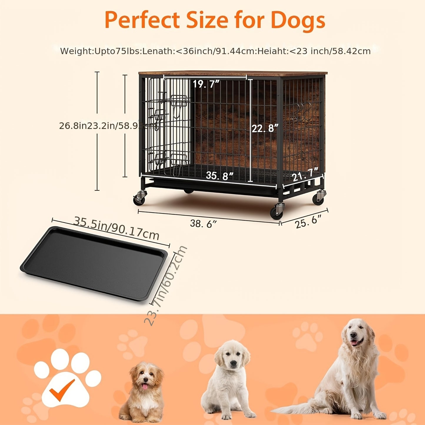 Hondenbench – Hondenkennel – Hondenkooi – Hondenkooi Binnen – Hondenhok – Groot formaat – IJzeren constructie – Dubbele deuren – Verrijdbaar met 4 wielen – Afneembare tray – Bruin meubeldesign