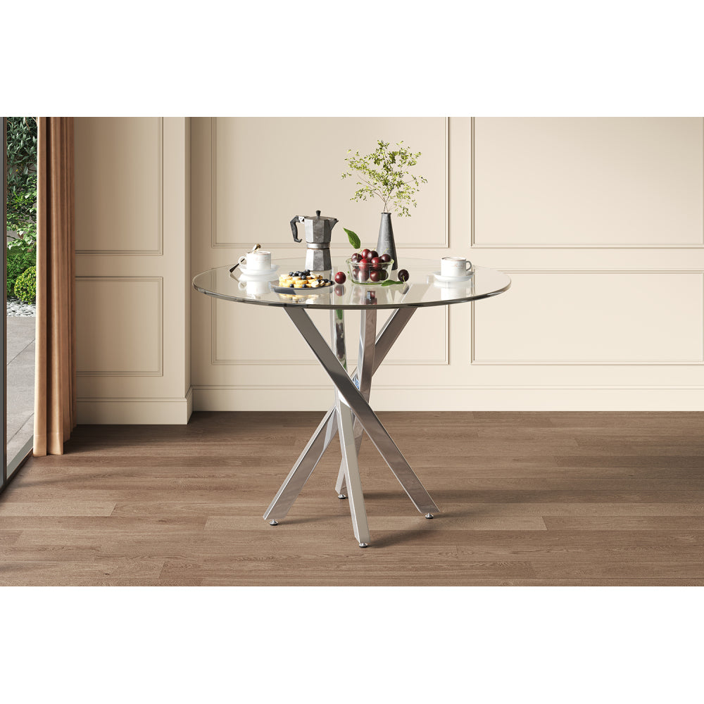 Eettafel – Tafel – Ronde Tafel – Keukentafel – Bijzettafel – Gehard Glas Tafelblad – Gegalvaniseerd Stalen Onderstel – 80x80x75 cm – Ruimtebesparend Design