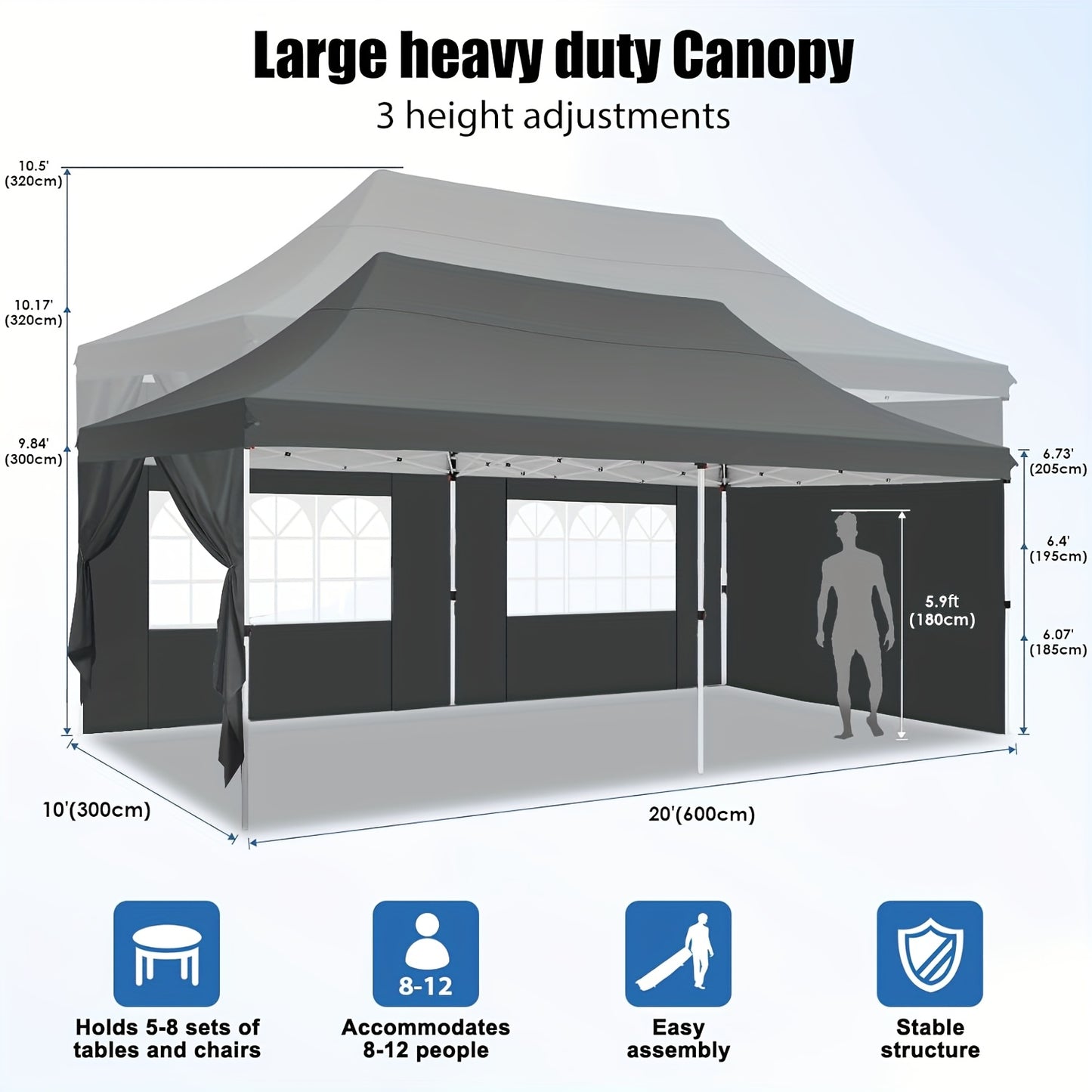 Partytent – Paviljoen – Feesttent – Tuintent – Overkapping – 3,05x6,1 m Pop-Up – 6 Afneembare Zijwanden – Verstelbare Hoogte – Waterdicht Hexagonaal Frame