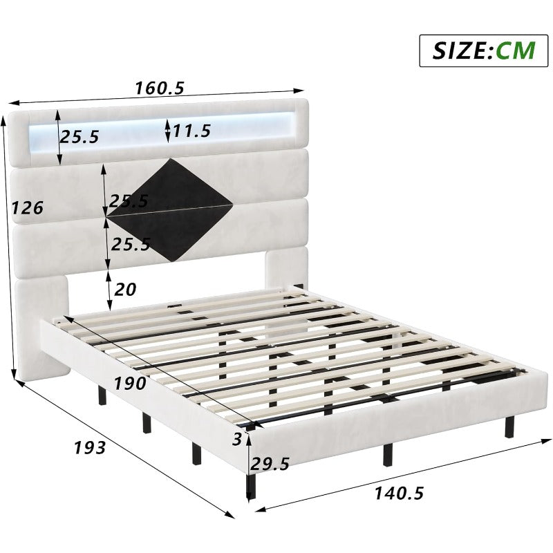 Fluwelen Bed – Velours Bed – Gestoffeerd Bed – Slaapbank – Tweepersoonsbed – 140 x 190 cm – LED-Verlichting – USB Oplaadfunctie