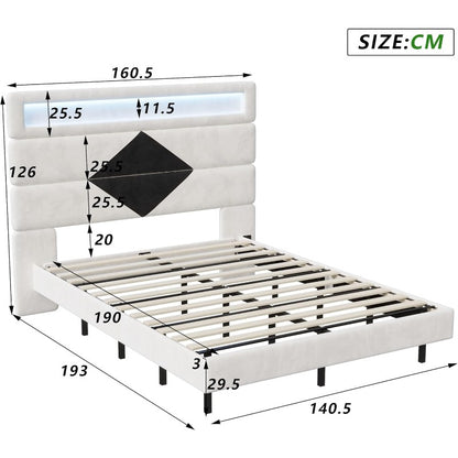 Fluwelen Bed – Velours Bed – Gestoffeerd Bed – Slaapbank – Tweepersoonsbed – 140 x 190 cm – LED-Verlichting – USB Oplaadfunctie
