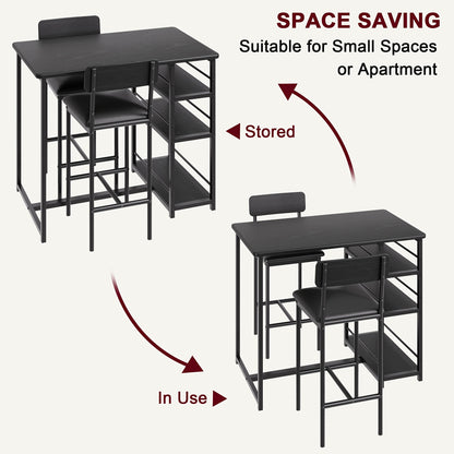 Bartafelset – Barset – Bistroset – Eettafelset – Barkrukset – Industrieel Design – Compact Met 3 Opbergplanken – 2 Gestoffeerde Stoelen – Zwart