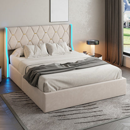 Gestoffeerd Tweepersoonsbed – Bedframe – Slaapbed – Opbergbed – Veloursbed – 160x200 cm – Met LED-Verlichting – Met Dubbele Opbergruimte