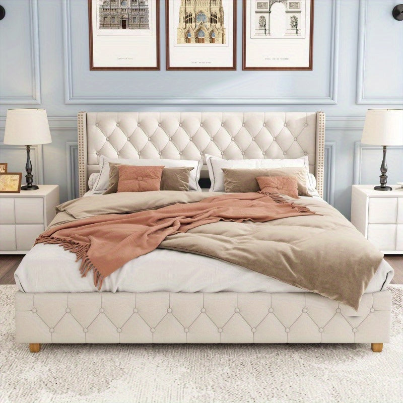 Polsterbed – Bedframe – Slaapbed – Bed – Ledikant – Metalen Frame – 160x200 cm – Linnen Bekleding met Knopen
