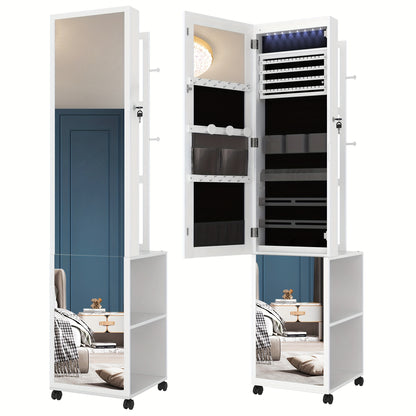 Sieradenkast – Sieraden Organizer – Sieradenrek – Make-up Opbergkast – Accessoireskast – Met 5-in-1 Functie – Afsluitbare Spiegelkast Met LED-Verlichting – 164,6 cm Hoog – Witte MDF Met Wieltjes