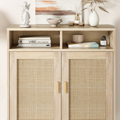 Dressoir – Opbergkast – Buffetkast – Sideboard – Dressoirkast – Rattan Deuren – Massief Houten Poten – 80x92x40 cm – 2 Open Planken