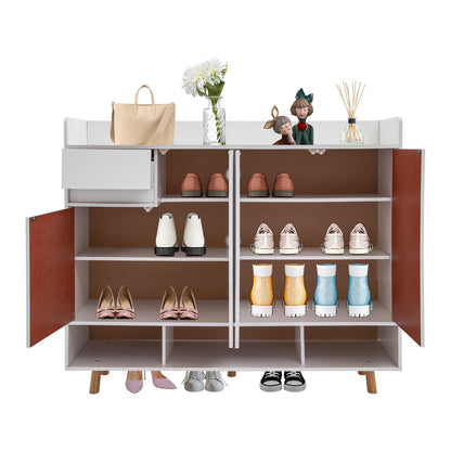 Schoenenkast – Schoenenrek – Schoenenopberger – Schoenenbank – Voordeurkast – Vrijstaand – Ventilatiegaten – Met Lade en 4 Deuren – MDF – Verhoogde Beschermrail – Warm Wit