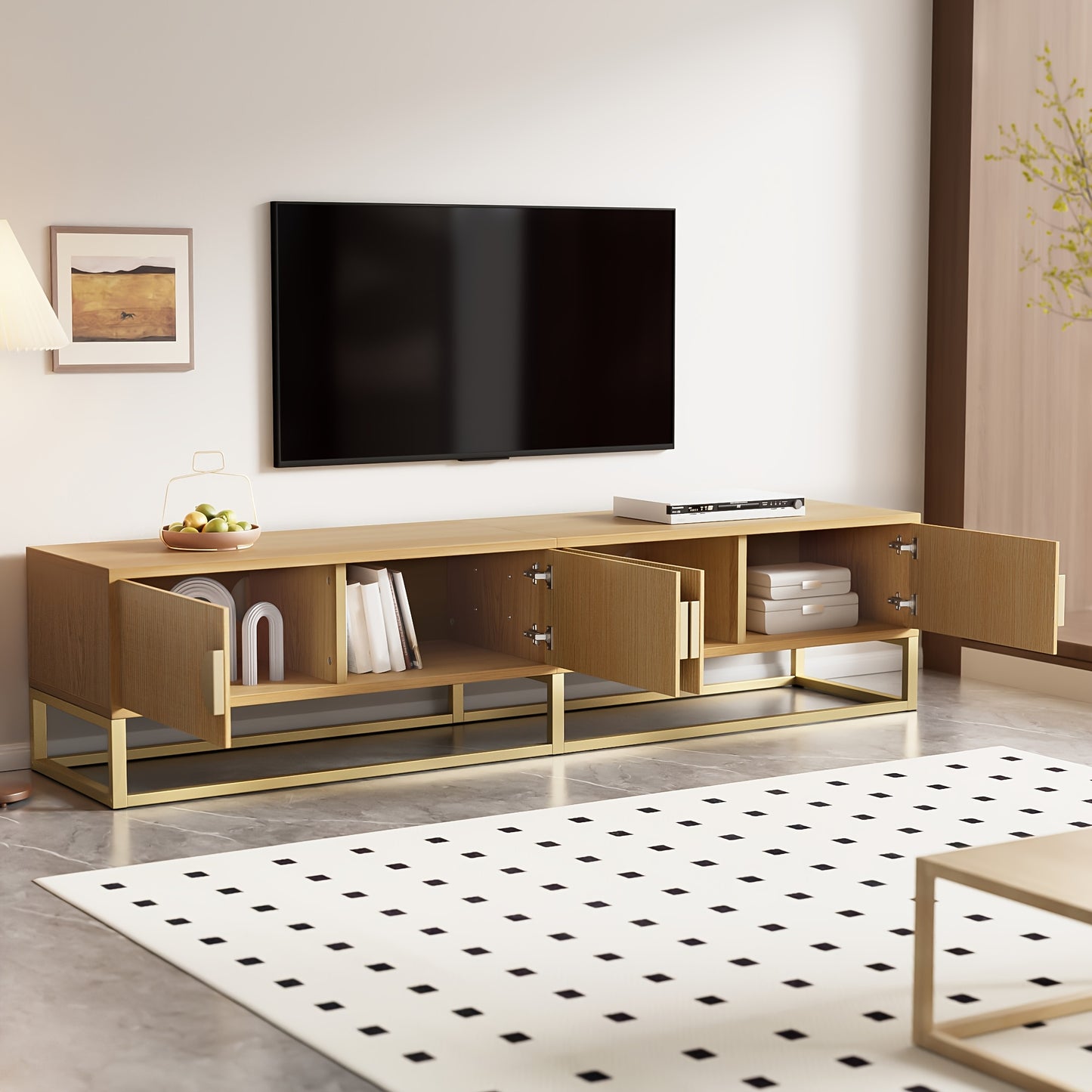 180cm Woodgrain TV Cabinet - Modern Dining Room Cabinet, 4 Doors, Semi-circular Pulls