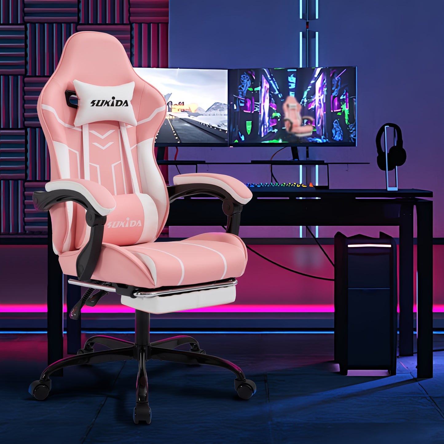 Gamingstoel – Gamestoel – Bureaustoel – Gaming Chair – Game Stoel – Met Voetensteun en Brede Zitting – Ergonomisch 135° Kantelbaar – Verstelbare Hoogte & Stille Wieltjes