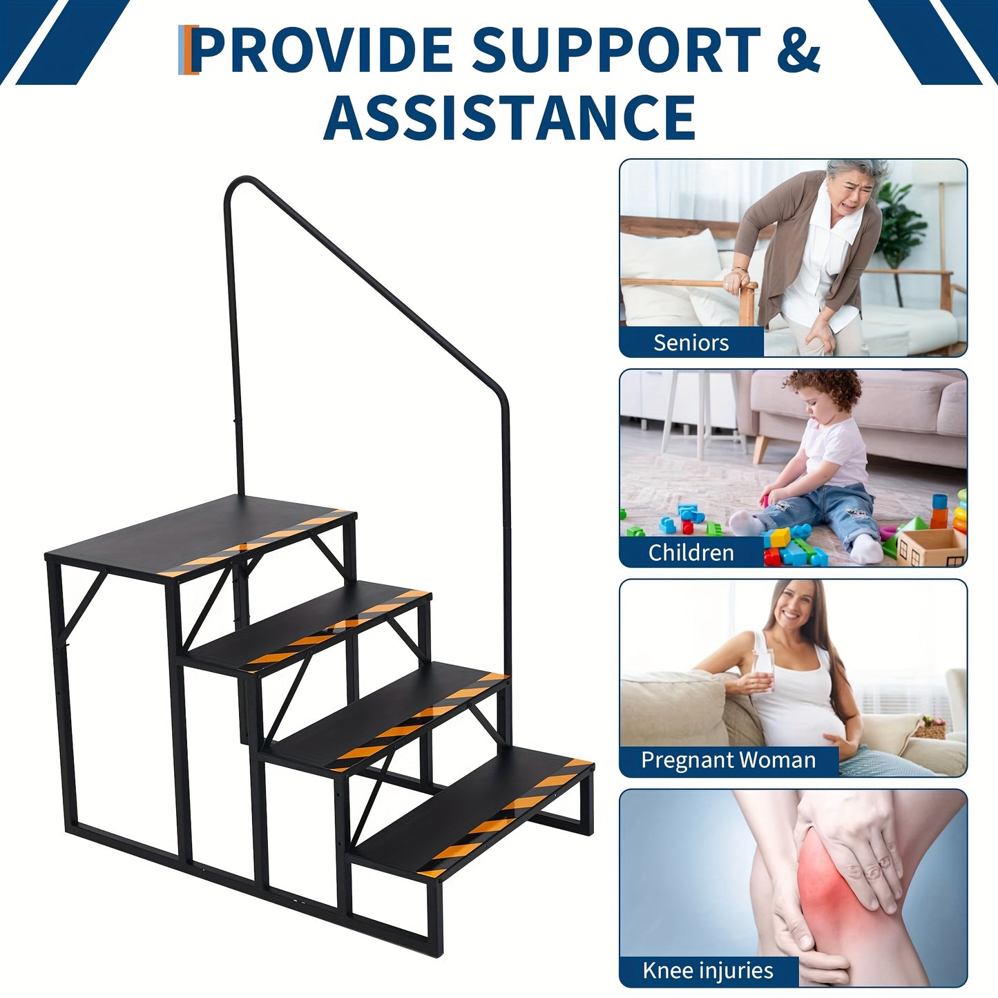 4-Step RV Stairs with Handrail, Portable Camper Steps for Travel Trailer & Hot Tub, Outdoor Stair with Non-Slip Treads and Powder Coated Frame, Hot Tub Access, Sturdy Handrail