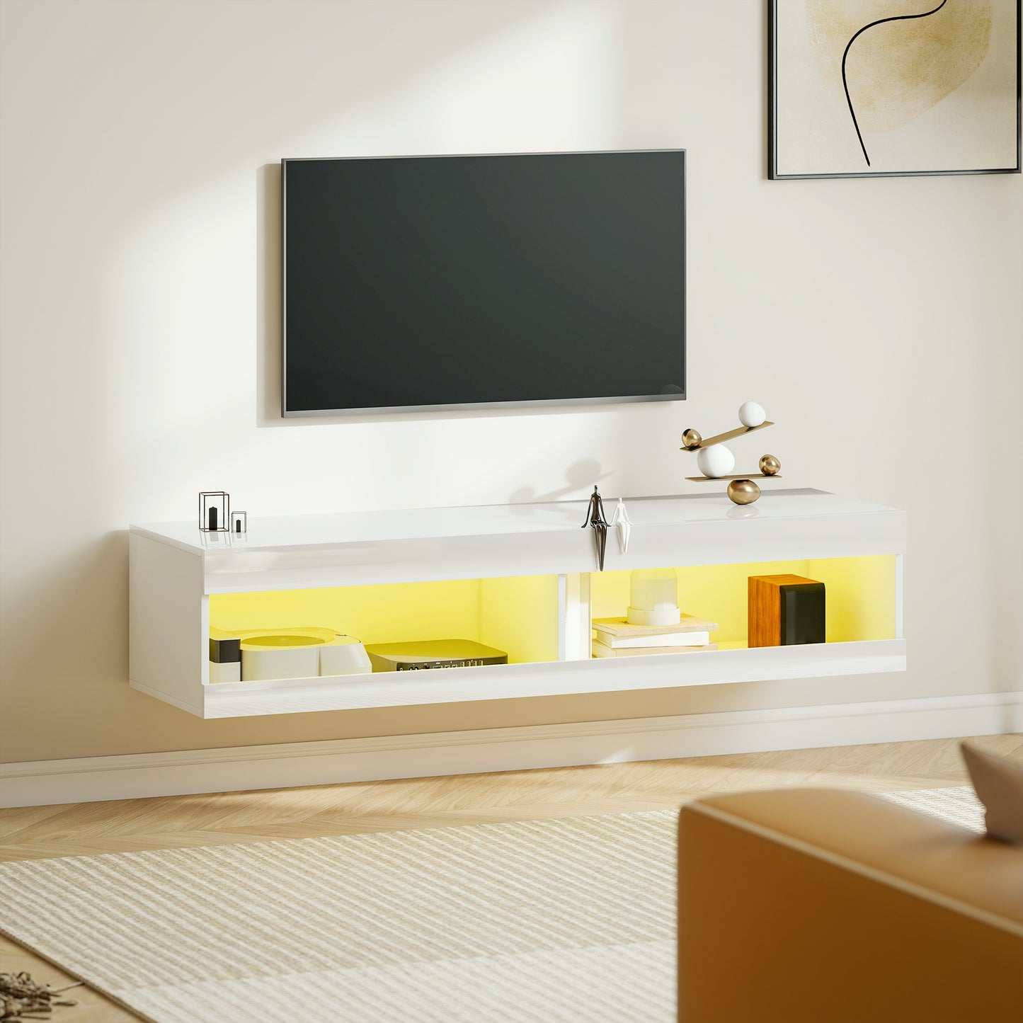 Tv Meubel – TV Kast – TV Meubel Hangend – Lowboard – TV Dressoir – Hoogglans Wit – RGB LED Verlichting 16 Kleuren – 140x40x30 cm