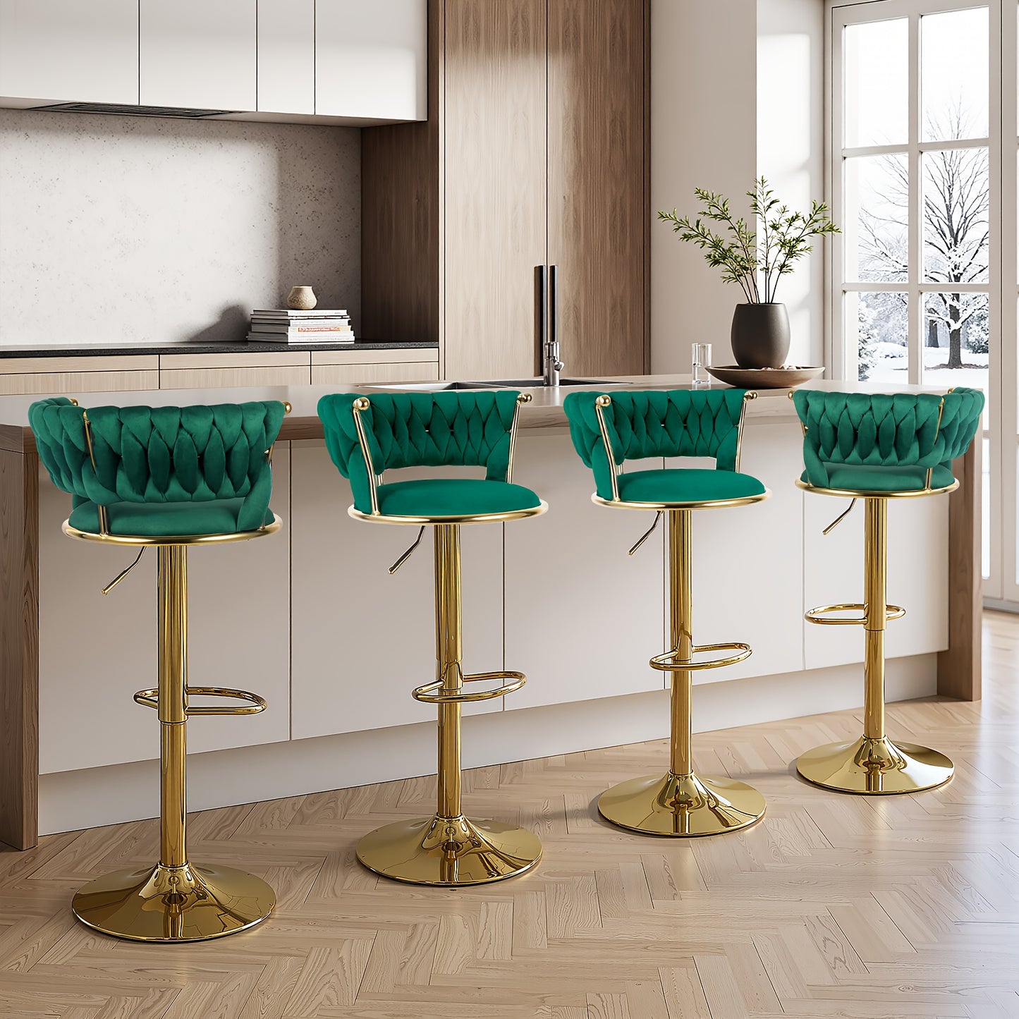 Barstoel – Barkruk – Barstoelen – Keukenstoel – Barkrukken – Verstelbare Hoogte – 360° Draaibaar – Smaragdgroene Fluwelen Bekleding – Gouden Metalen Frame
