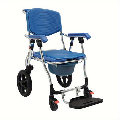 Vouwbare Douchebrancard – Toiletstoel – Rollstoel – Doucherolstoel – Commode Rolstoel – Met Armleuningen en Rugleuning – Sterk Aluminium – Inklapbaar Blauw