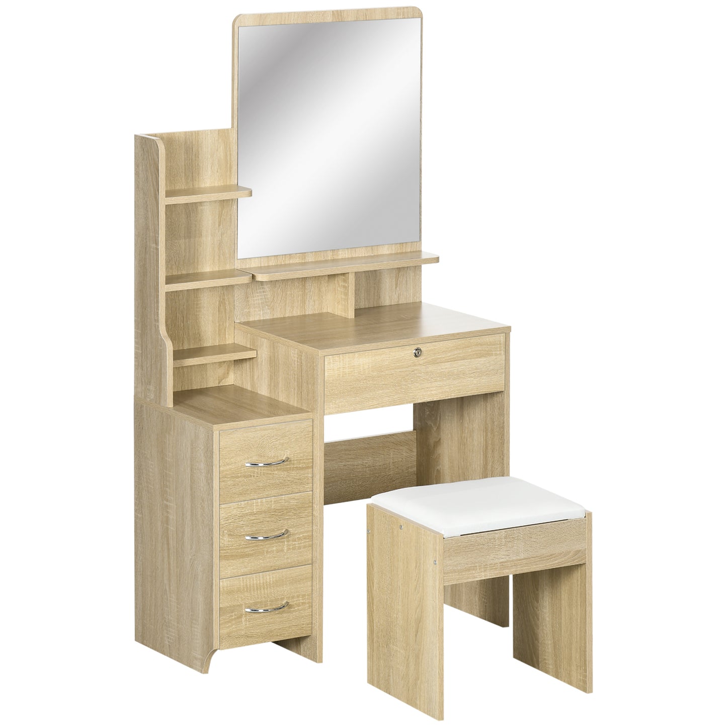Make-uptafel – Visagietafel – Sieradentafel – Make-up Kaptafel – Natuurlijk Hout – Grote Spiegel – 4 Laden & Open Planken