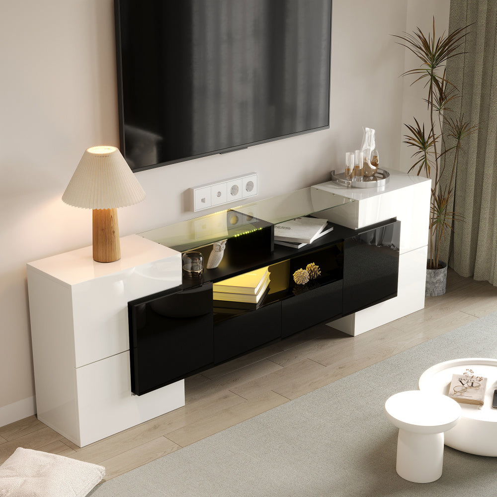 Modern TV-meubel – TV-kast – Mediameubel – Entertainmentmeubel – Zitmeubel – Laag en Ruimtebesparend Ontwerp – Glanzend Zwart-Wit Met 4 Deuren & 2 Lades