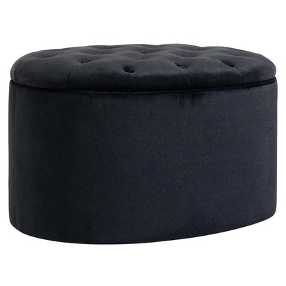 Opbergbank – Opbergpoef – Zitbank Met Opbergruimte – Opbergkist – Hocker – Fluwelen Bekleding – Ovaal Design – 71x52x42 cm – Zwart – Ruimtebesparend – Met Scharnierend Deksel