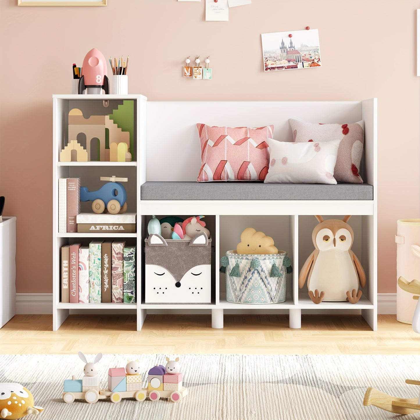 Boekenkast – Kasten – Opbergmeubel – Speelgoedrek – Zitbankje – Wit – 80,5x40x110 cm – 6 Opbergvakken – Afneembaar Wasbaar Zitkussen