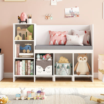 Boekenkast – Kasten – Opbergmeubel – Speelgoedrek – Zitbankje – Wit – 80,5x40x110 cm – 6 Opbergvakken – Afneembaar Wasbaar Zitkussen