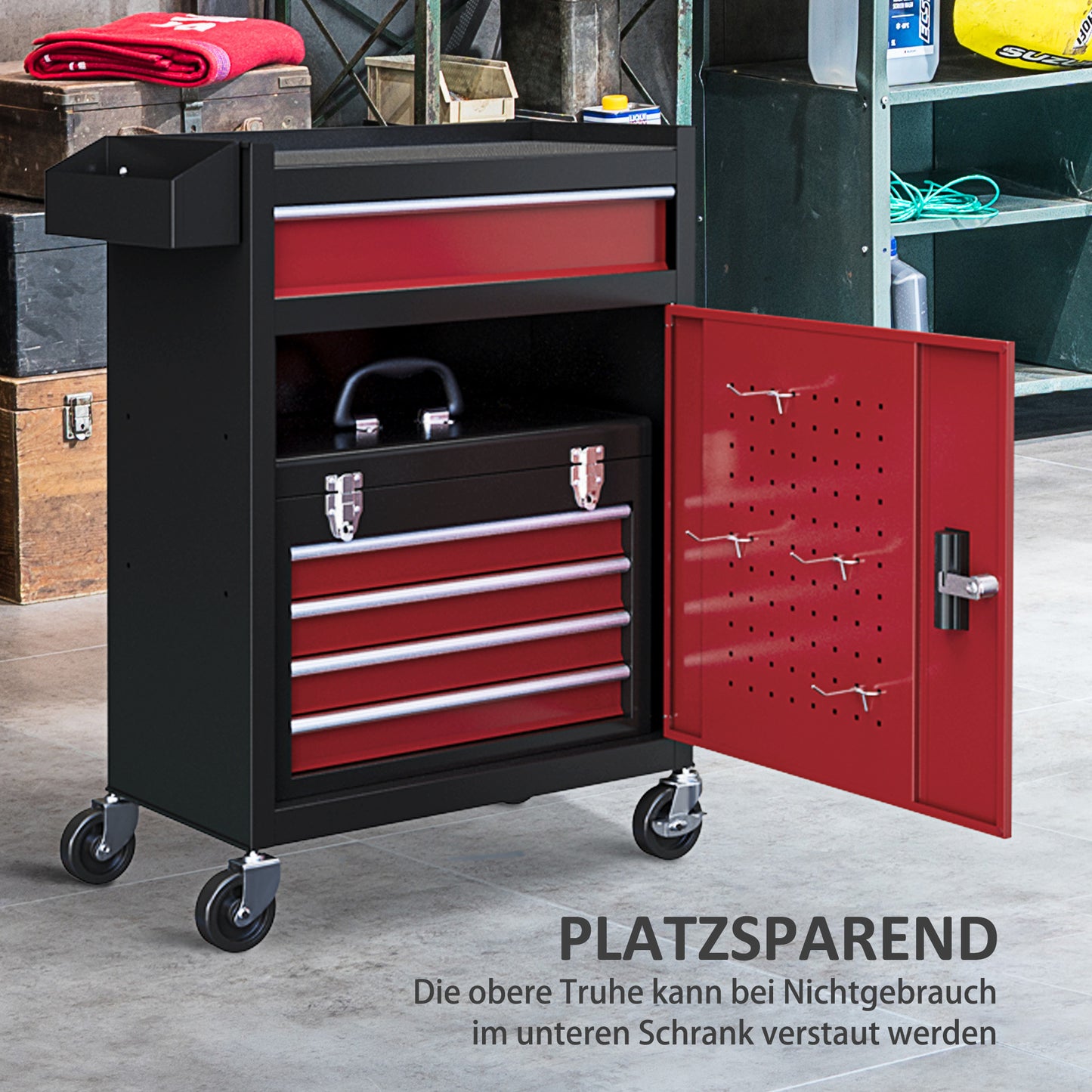 Gereedschapswagen – Werkplaatswagen – Gereedschapstrolley – Gereedschapskar – Werkbankwagen – 5 Lades Met Kogellagers – Slotbaar Met Wielen En Rem – Stalen Zwart/Rood – Draagvermogen 130 Kg