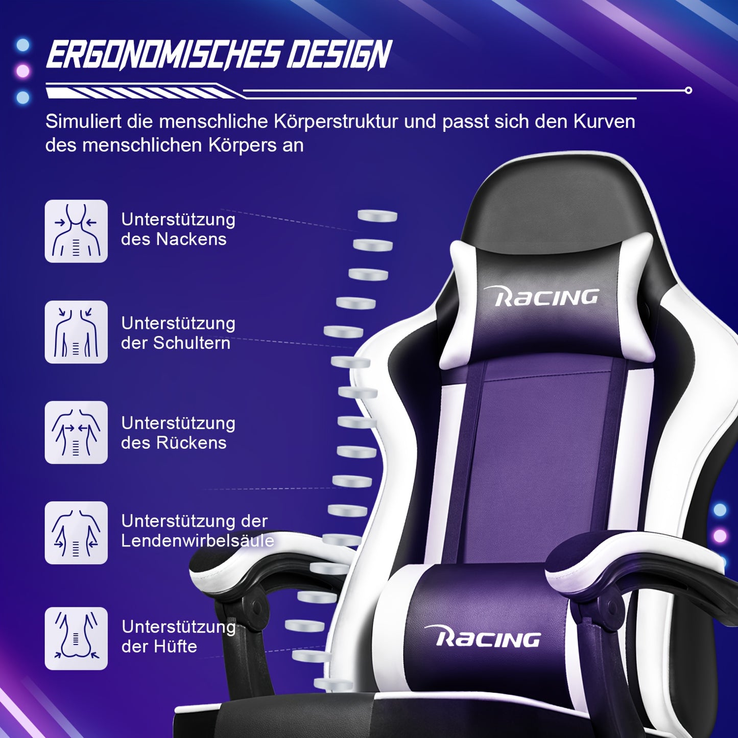 Gaming Chair with Footrest, Ergonomic Gaming Chair, Gaming Armchair with Adjustable Lumbar Cushion, Head Cushion, Height-adjustable And Swivel, PC Chair, Gaming Chair 200kg