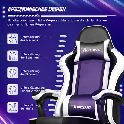 Gaming Chair with Footrest, Ergonomic Gaming Chair, Gaming Armchair with Adjustable Lumbar Cushion, Head Cushion, Height-adjustable And Swivel, PC Chair, Gaming Chair 200kg
