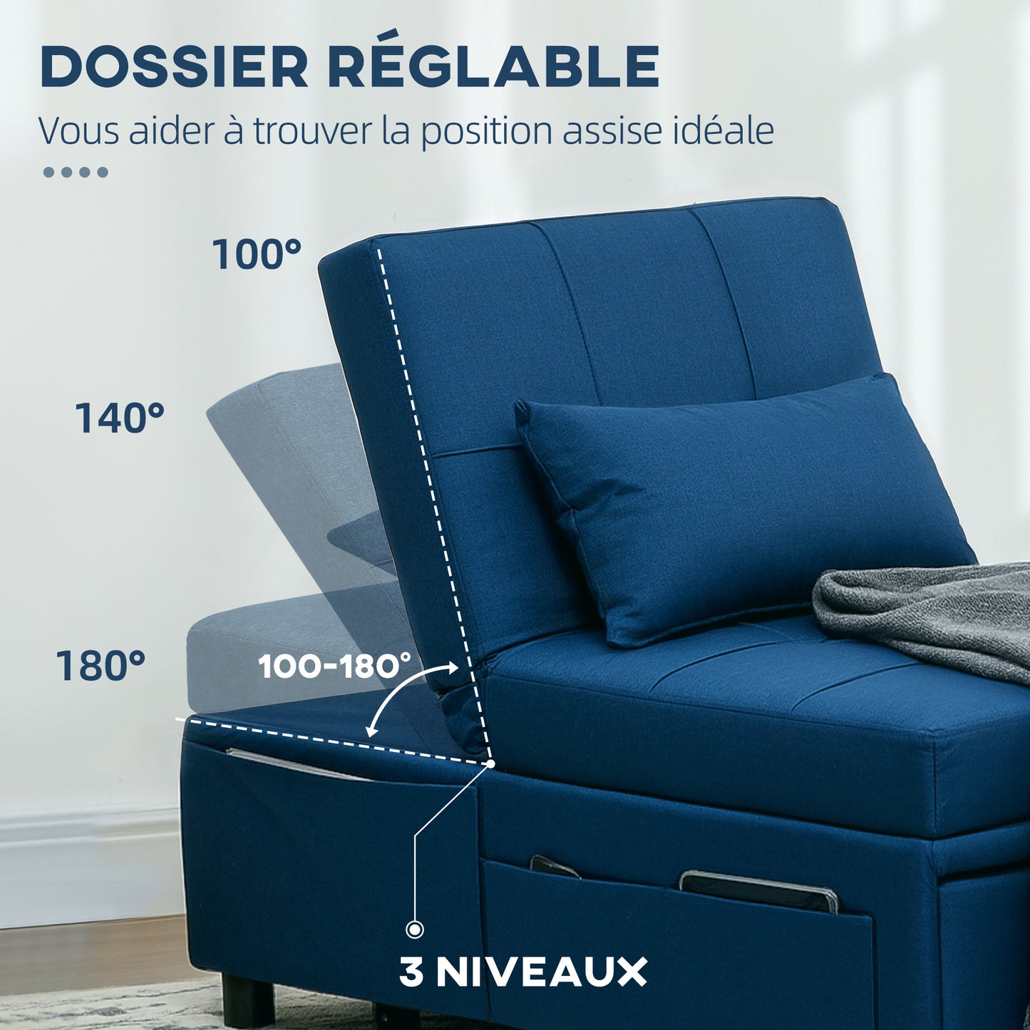 Fauteuil Bedbank – 1-Zitsbank – Slaapfauteuil – Loungezetel – Slaapstoel – Verstelbare Rugleuning – Geïntegreerd Kussen – Blauw
