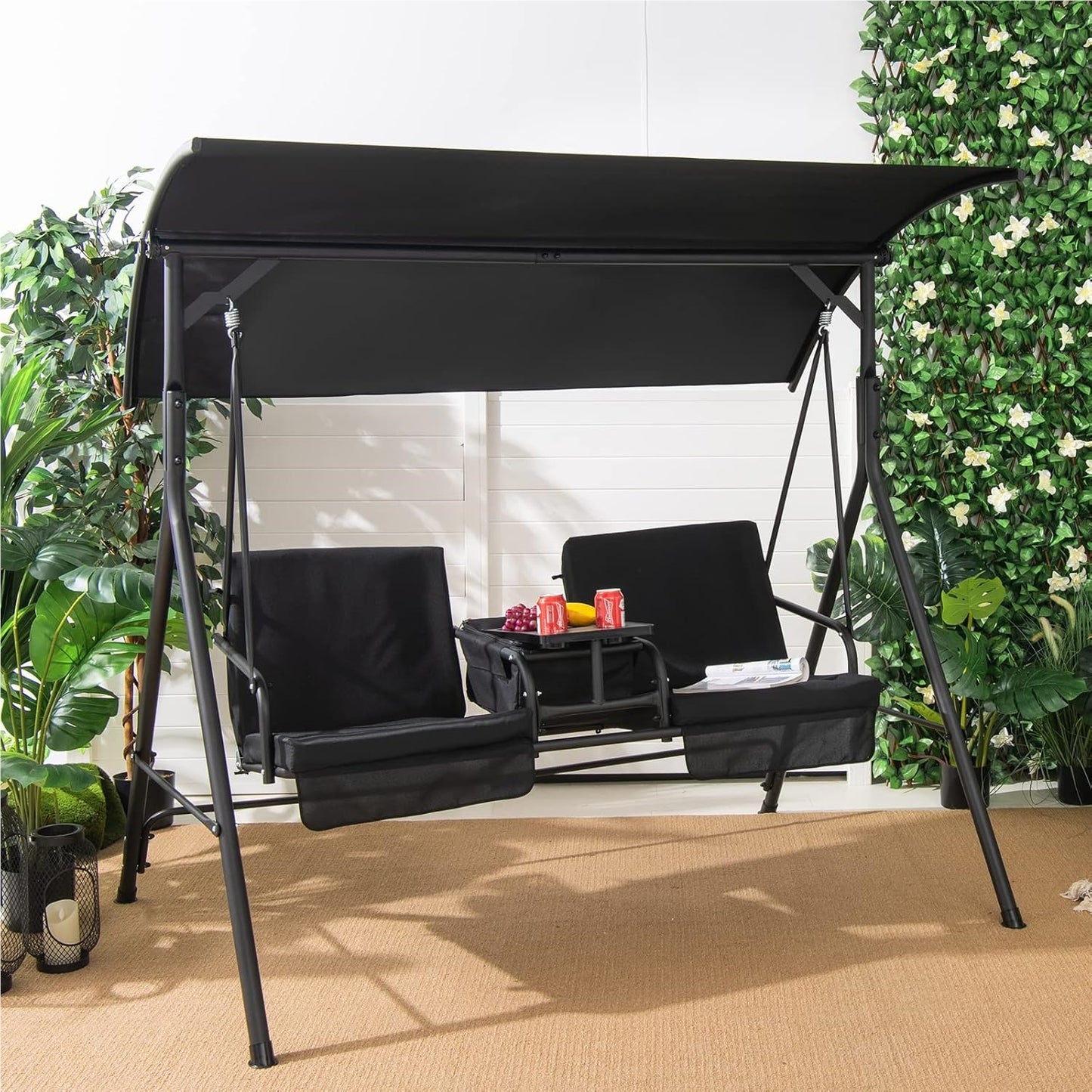 Schommelstoel – Schommelstoel Babykamer – Relaxstoel – Fauteuil – Loungestoel – 2-Persoons – Draaibare Tray – Koeltas 23L – Zachte Kussens – Met Metalen Frame