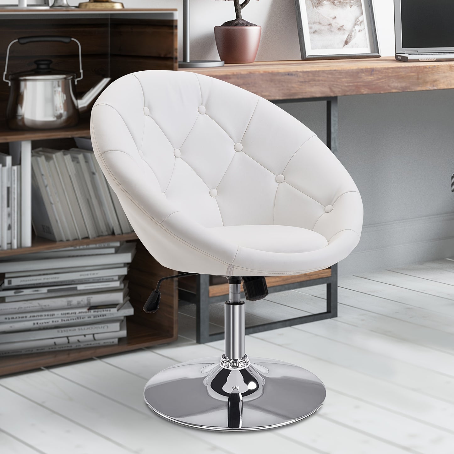 Bureaustoel – Werkstoel – Draaistoel – Bureaustoel Met Wielen – Bureaustoel Verstelbaar – 360 Graden Draaibaar – Metalen Frame – Comfortabele Katoenen Zitting – Wit