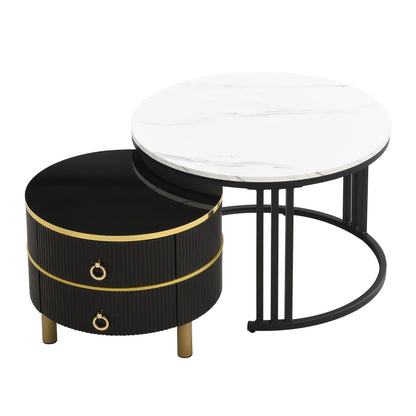 Modern Round Coffee Table Set with Glossy MDF Top & White Marble-like Surface - 2-in-1 Design with Storage Drawers, Space-Saving Living Room Furniture, Easy Assembly, Durable Metal Frame, Contemporary Style, Fits Small Spaces